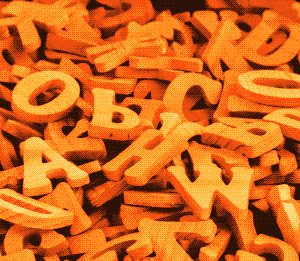 Pixel art in ember tones of a heap of wooden alphabet letters