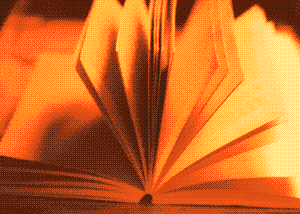 Pixel art in ember tones of an open book with its pages fanned out